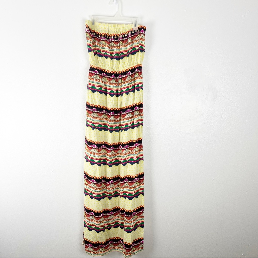 RACHEL ROY Yellow Tribal Print Studded Pockets High Slits Strapless Dress Small